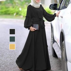 Gdeal Women Ladies Muslimah Robe Dress Solid Color Long Sleeve Ruffle Maxi Long Dress Kaftan