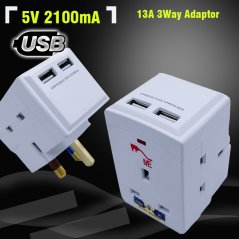 محول كهربائي بــ3 مقابس بقوة 2100 ملي أمبير  بمنفذين USB