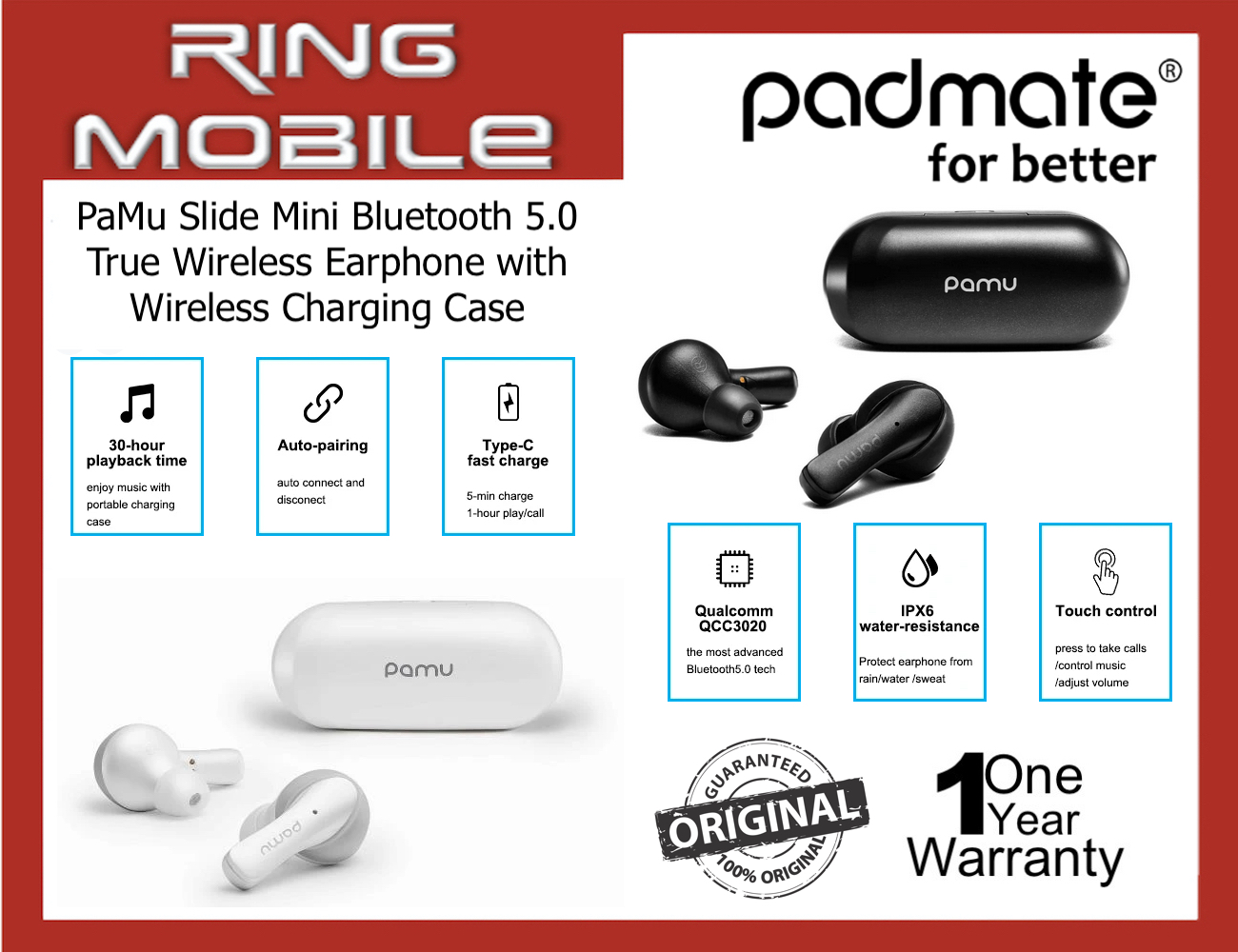 pamu slide mini bluetooth 5.0 true wireless earphone with wireless charging case