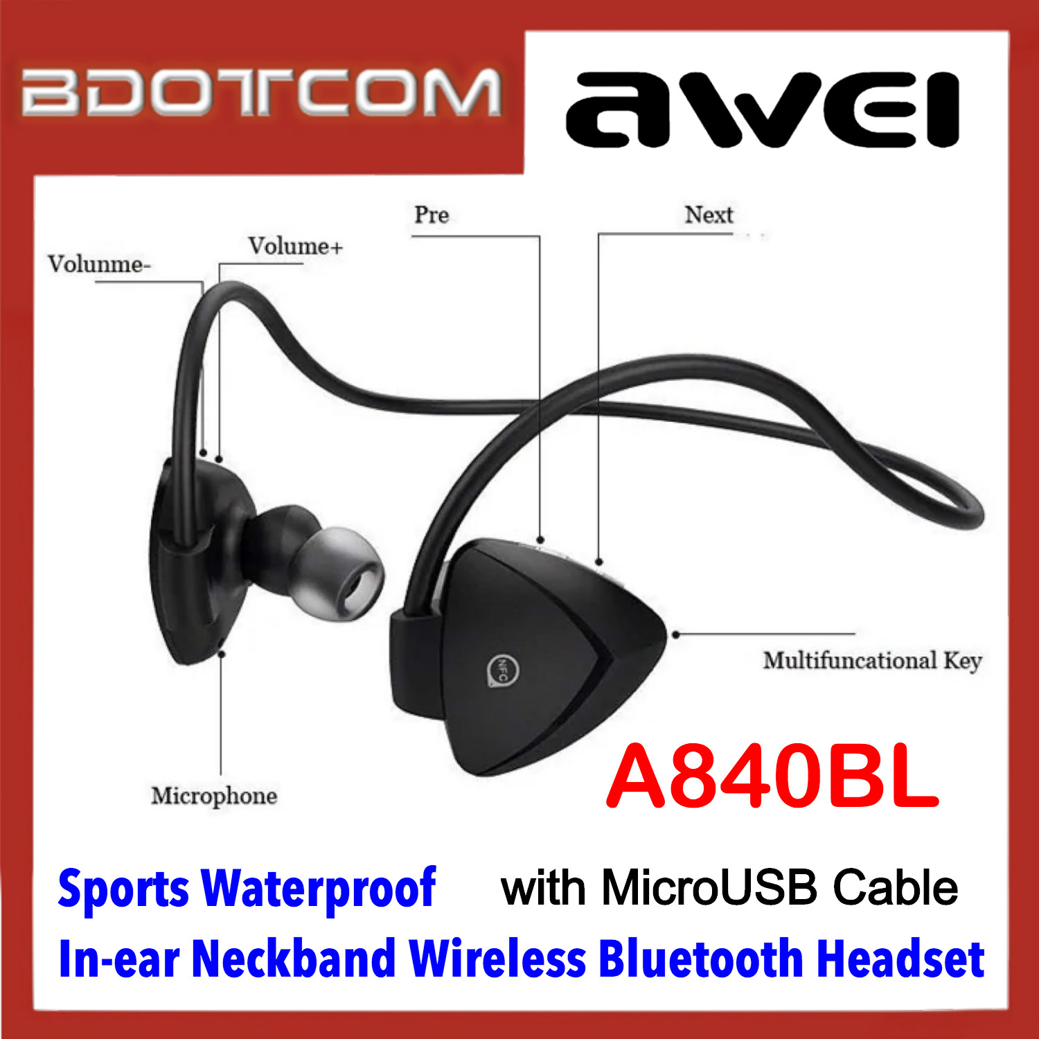 Stout Heel resterend Buy Bdotcom Awei A840BL Smart Sports Waterproof In-ear Neckband Wireless  Bluetooth Headset with MicroUSB Cable Online | eRomman