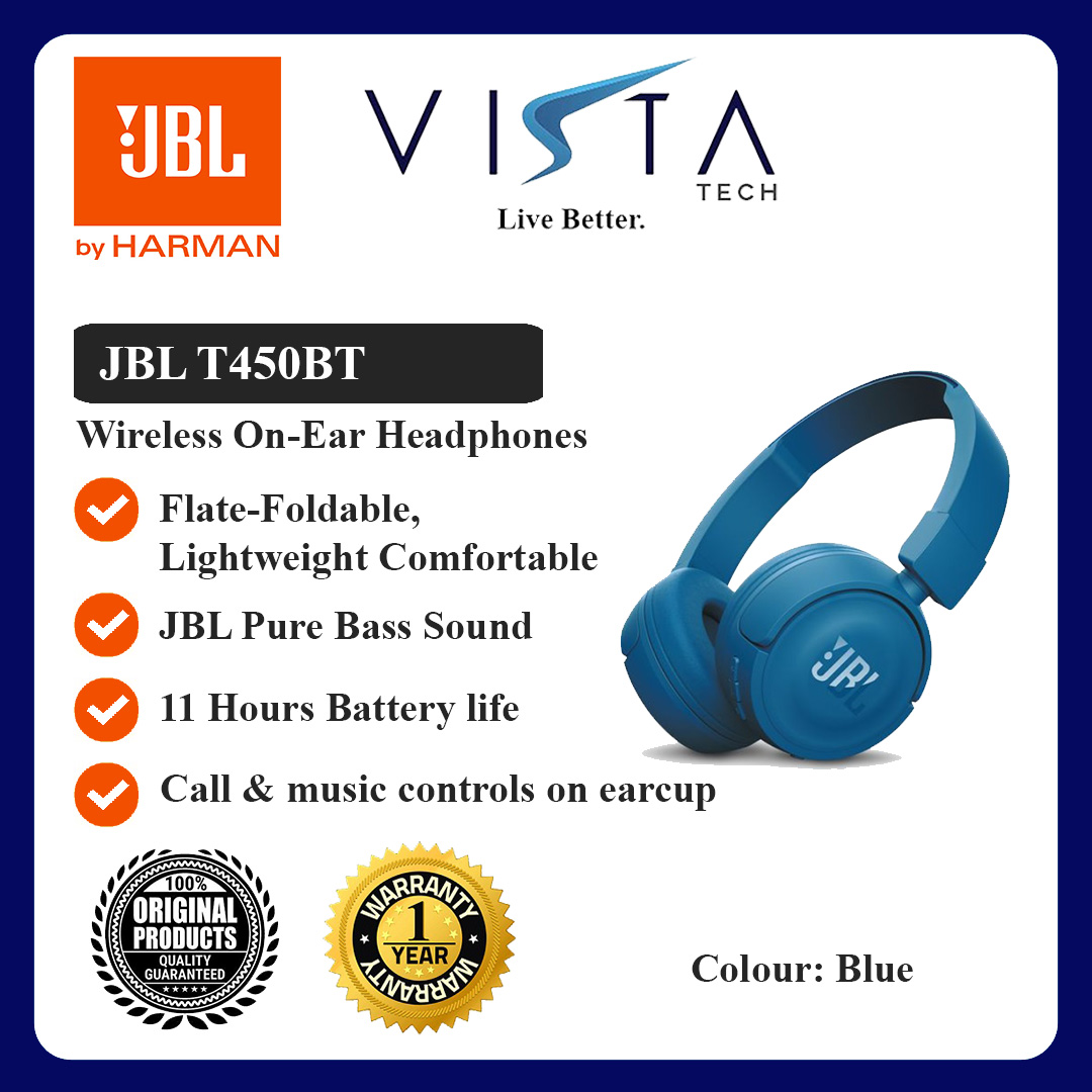 Buy Vistatech JBL T450BT Wireless On Ear Headphones Blue Online