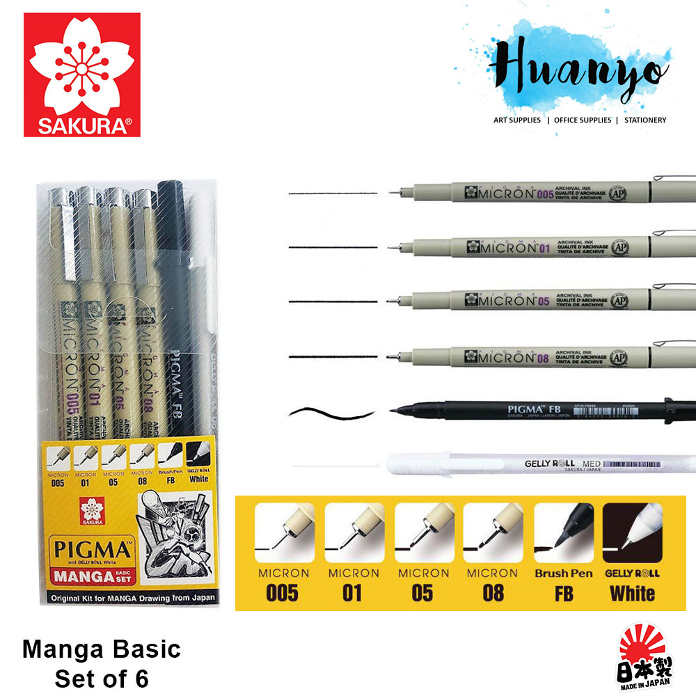 Sakura Pigma & Gelly Roll White Manga Basic Set 6pcs Calligraphy for Art W/ Case 