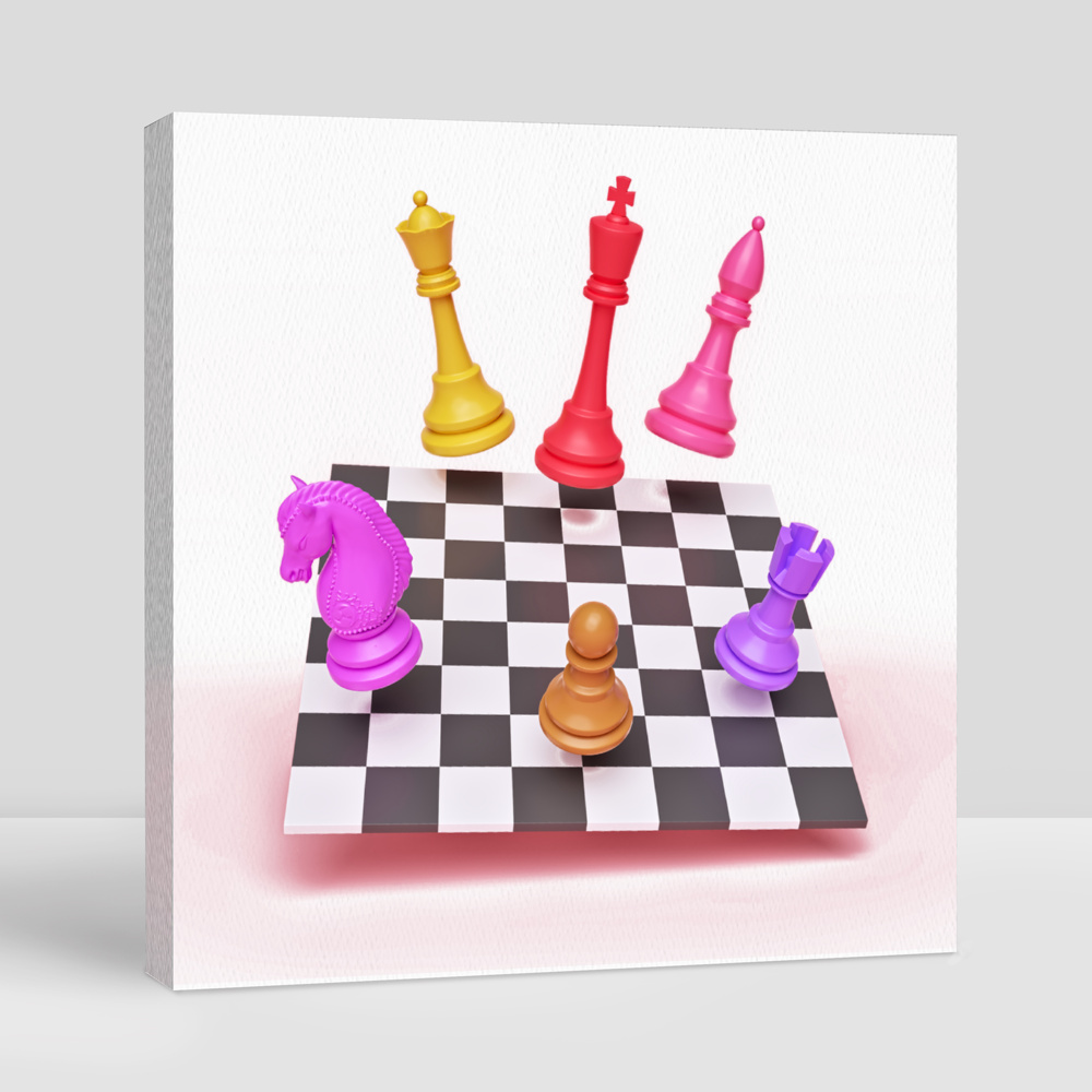 Buy Colorful Chess Pieces and Chess Board Levitate on Pastel Background