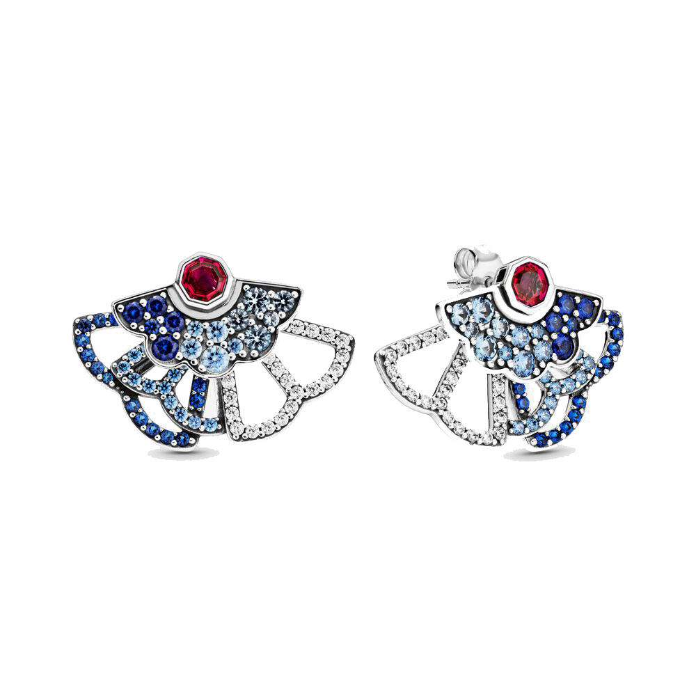 Pandora Fan silver stud earrings with synthetic ruby clear and fancy blue cubic zirconia true and forever blue crystal