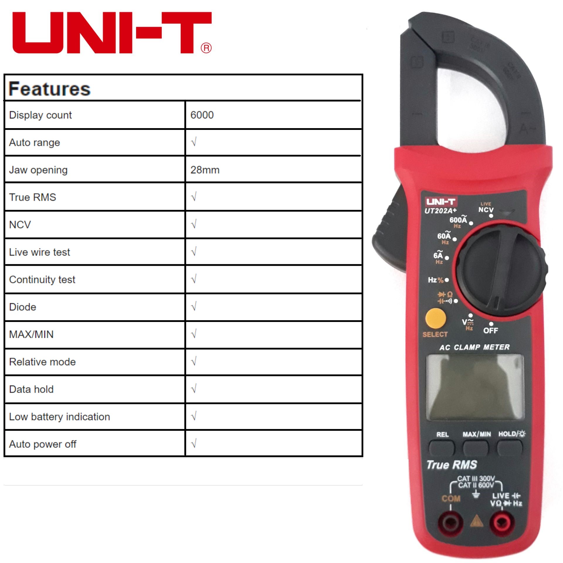 Uni-T Ut202A+ 6000 Counts Digital Clamp Meter True Rms Multimeter