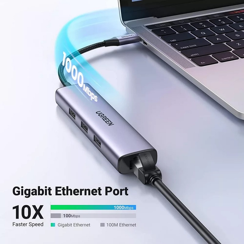 USB-C Hub Mit 3x USB-A & Gigabit Ethernet – Thunderbolt 3 Adapter, 30 Cm Kabel Für MacBook, Laptop