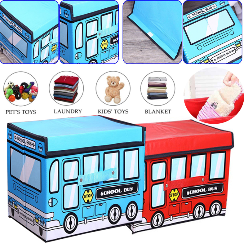 Collapsible Toy Storage Organizer Bus Ottoman for Children 