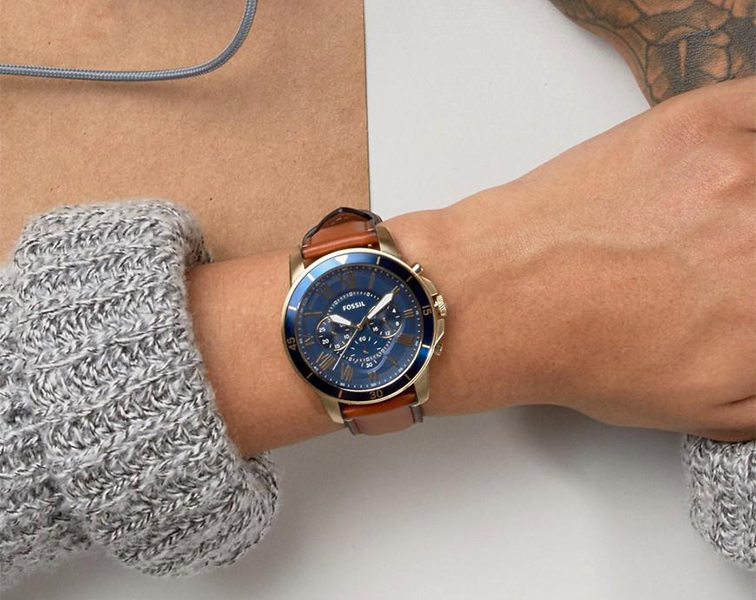 fossil men's grant sport chronograph blue leather watch