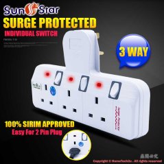 Hometech2u SUNSTAR WALL T-ADAPORT EXTENSION SWITCH SOCKET WITH SURGE PROTECTED (SIRIM APPROVED), eRomman Technologies Sdn Bhd