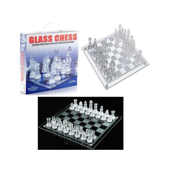 10 Fine Glass Chess Game Set, Glass Chess Board Coffee Table Set