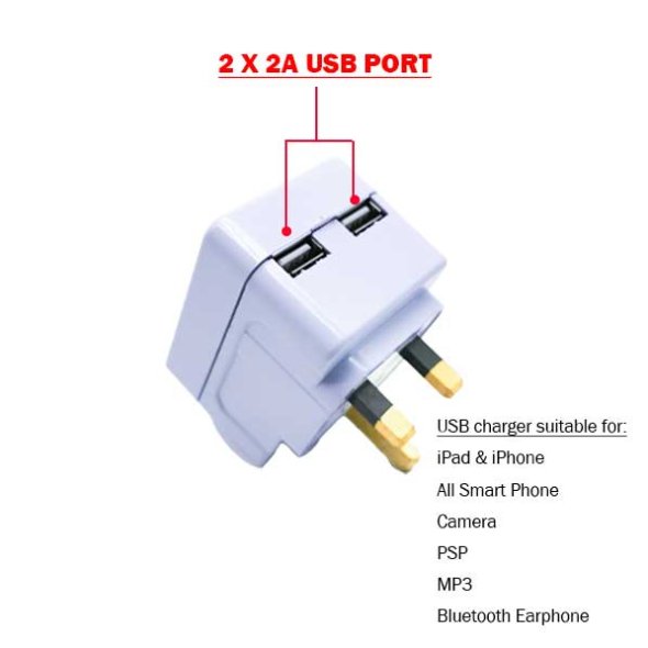 Buy Hometech2u TRAC 13A 3 Way Adaptor with 2 USB Charger 2000mA USB ...