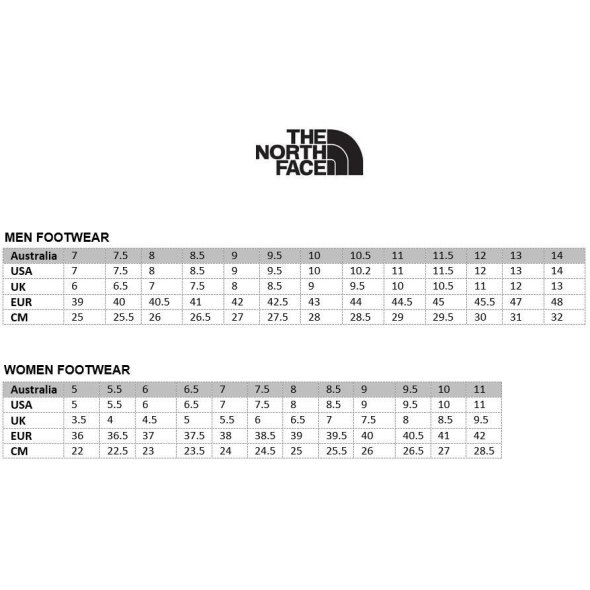 The north face shoes size chart hotsell