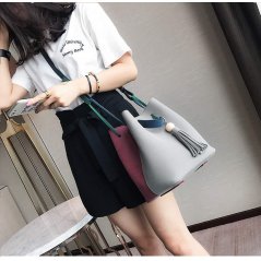 Gdeal 2-In-1 Korean Design Casual Solid Wood Vintage PU Leather Shoulder and Cross Body Tassel Bucket Bag (8204) - 3 Colors Available (RYL-197)