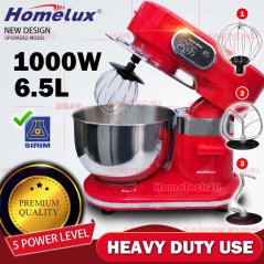 Hometech2u Homelux Stand Mixer Heavy Duty 6.5L 2.5KG 1000W Professional Baking Mixer Cake Mixer Low Noise Sirim HSM-F612 揉面机 打蛋机