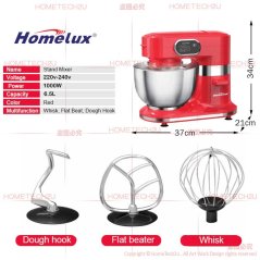 Hometech2u Homelux Stand Mixer Heavy Duty 6.5L 2.5KG 1000W Professional Baking Mixer Cake Mixer Low Noise Sirim HSM-F612 揉面机 打蛋机
