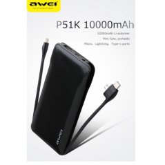 Awei Power Bank 3-IN-1 Ports 10000Mah Super Thin with Built  (White)