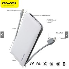 Awei Power Bank 3-IN-1 Ports 10000Mah Super Thin with Built  (White)