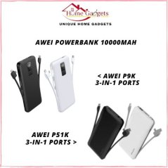 Awei Power Bank 3-IN-1 Ports 10000Mah Super Thin with Built  (White)
