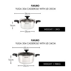 Fukuro Yuga 304 Stainless Steel Casserole With Lid - 20cm